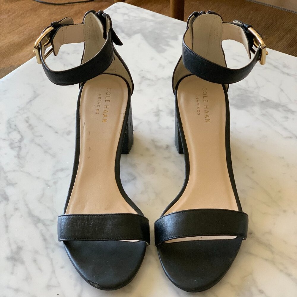 Cole Haan Black Leather Zip Back Ankle Heel Sandals Size 6.5